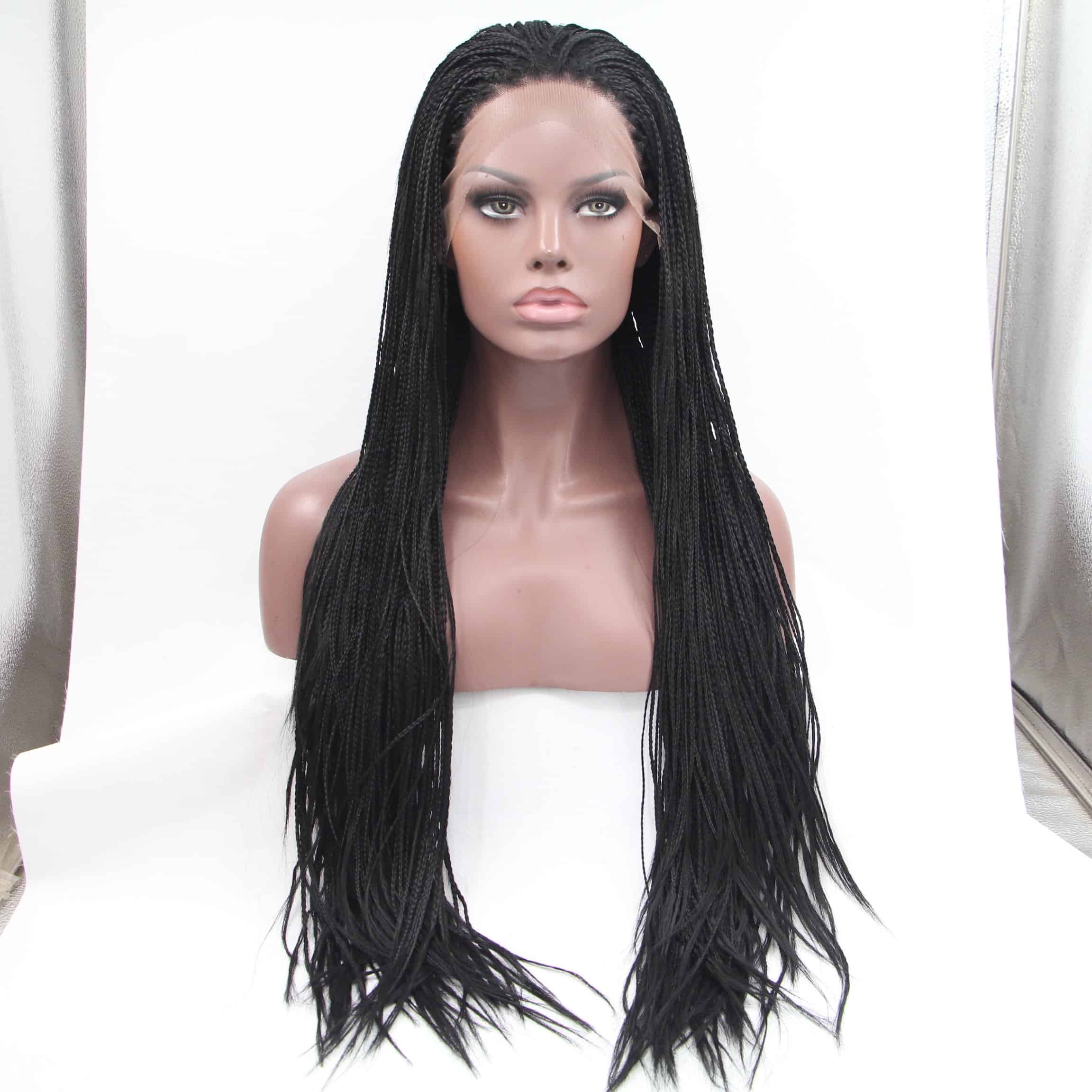 Pelucas de Encaje Frontal Sintético Trenzas Micro Negras