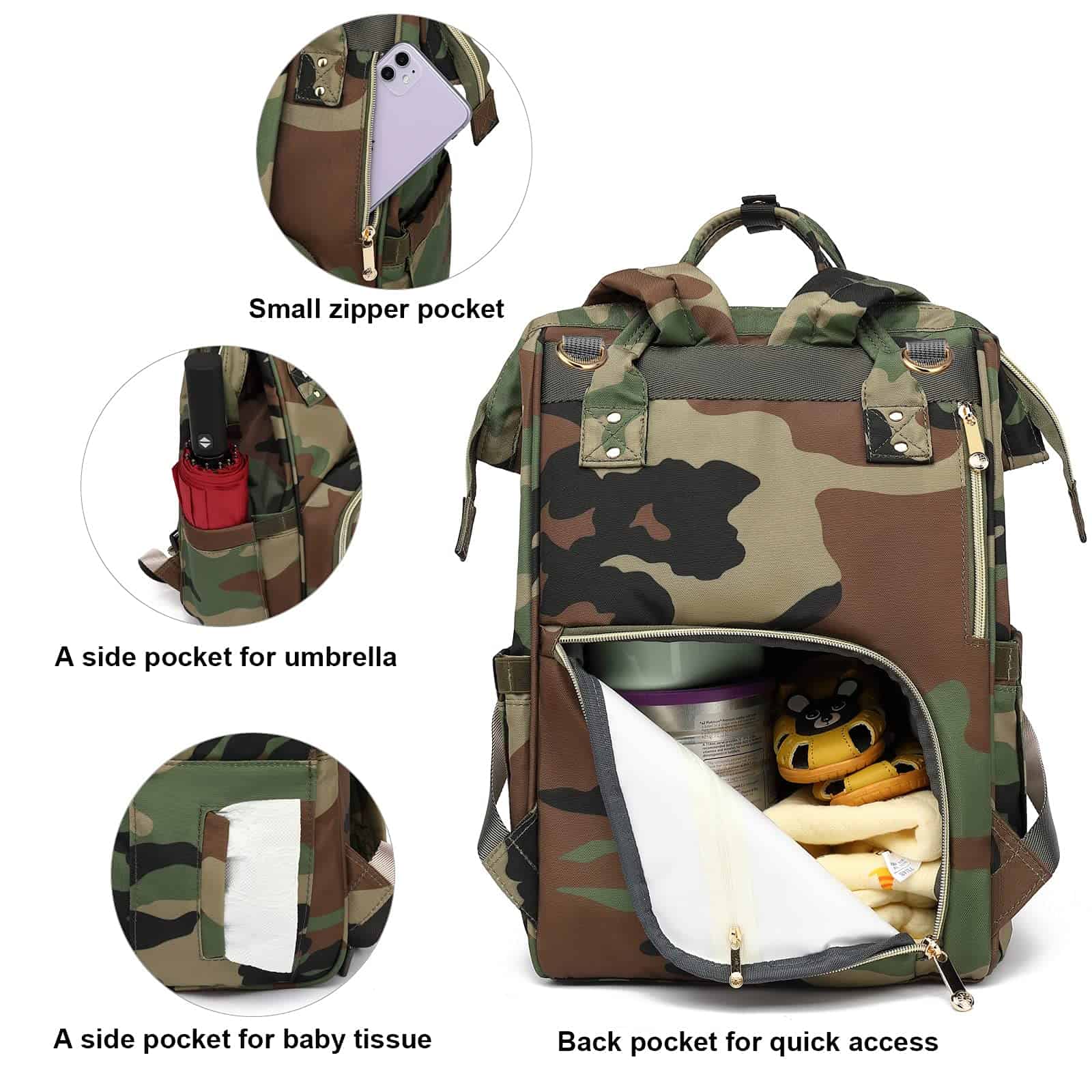 Mochila de pañales Yusudan Camo para niñas, mamá - Imagen 4