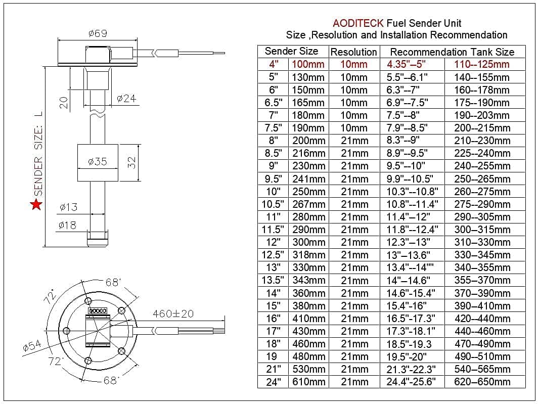 AODITECK 240-33 ohms 4"(100mm) Sensor de Nivel de - Imagen 5