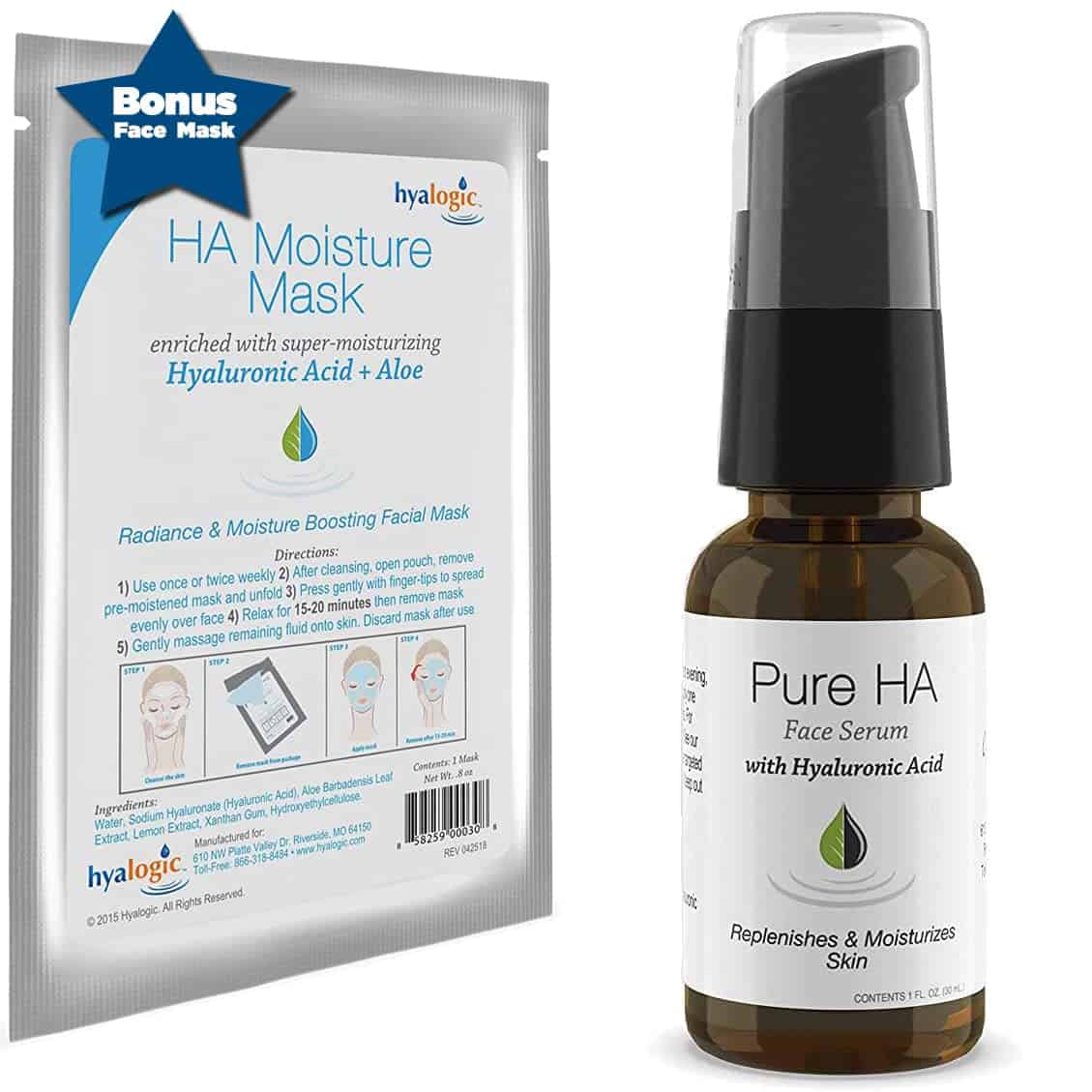 Suero facial Hyalogic Pure HA de 1 oz con 1 mascarilla