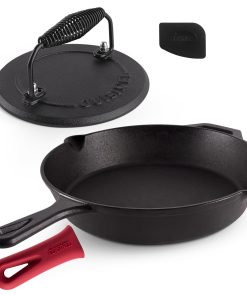 Set de Sartén de Hierro Fundido + Prensa de Parrilla +