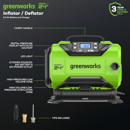 Inflador de neumáticos inalámbrico Greenworks 24V, - Imagen 3