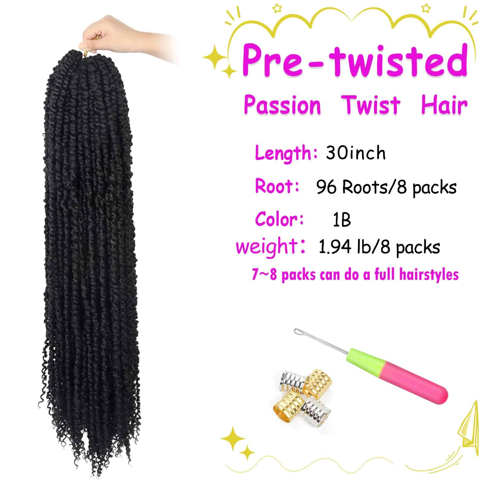 30 Pulgadas Passion Twist Crochet Hair 8 Paquetes de Pelo - Imagen 4