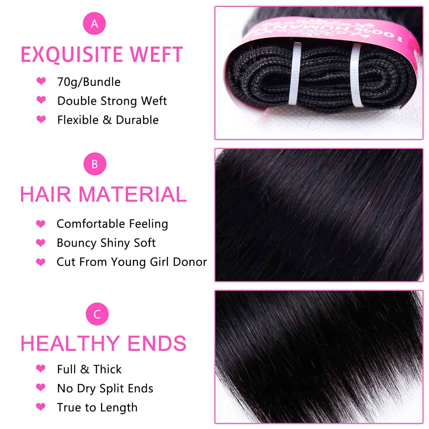 FQ Paquetes de Cabello Humano Recto con Cierre (12 14 - Imagen 7