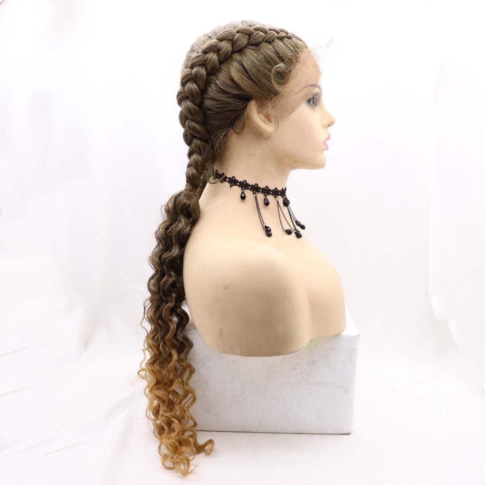Melena Sintética Trenzada Ombre Marrón con Peluca de Encaje - Imagen 4
