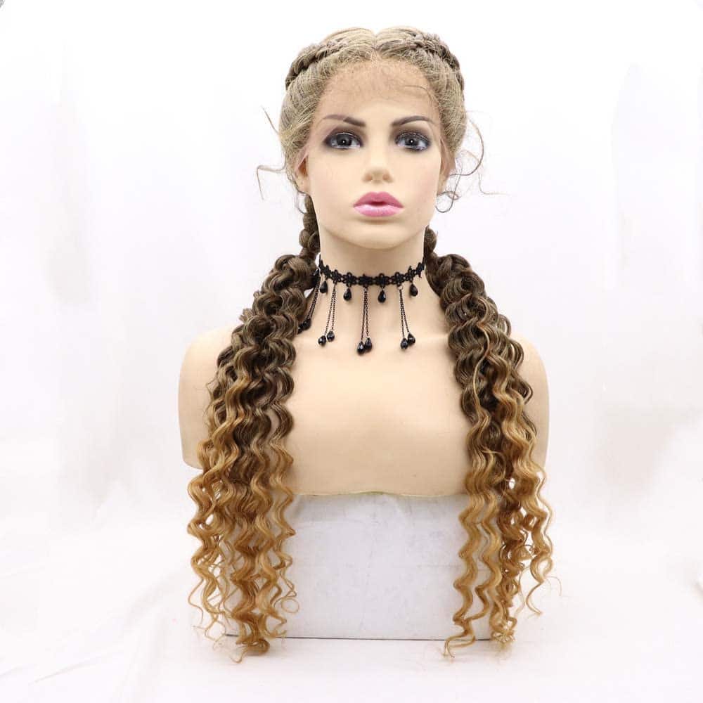 Melena Sintética Trenzada Ombre Marrón con Peluca de Encaje - Imagen 3