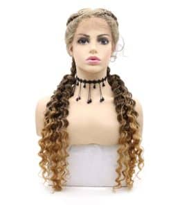 Pelucas rubias marrones de dos trenzas largas rizadas