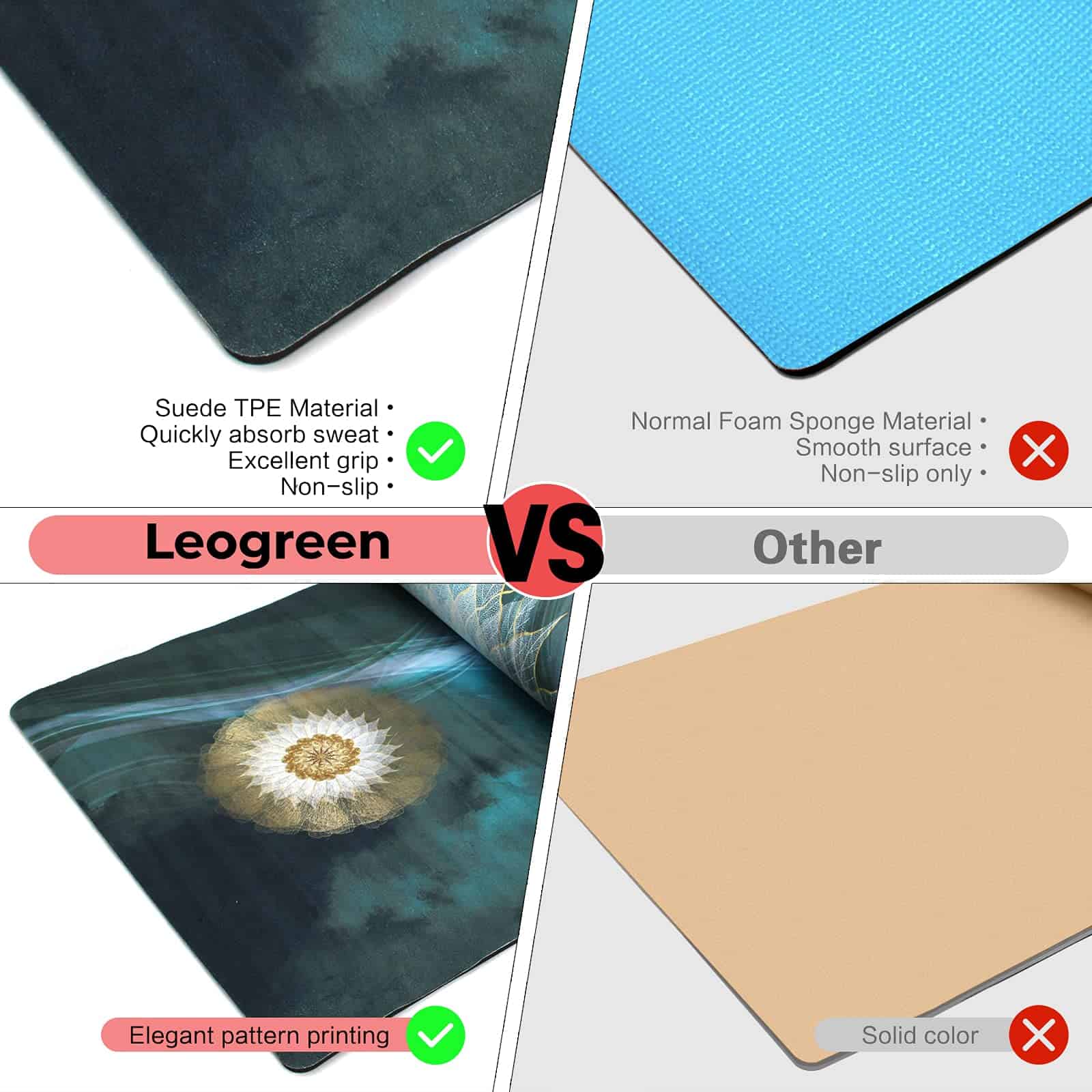 Tapete de Yoga Leogreen de TPE gamuza antideslizante, 1/4" - Imagen 6