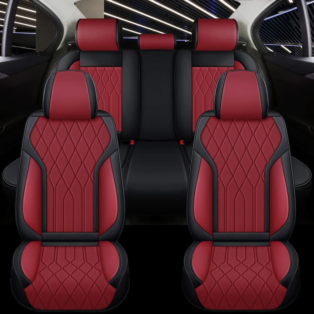 Cubre Asientos de Coche de Cuero Rojo Vino y Negro - Imagen 7