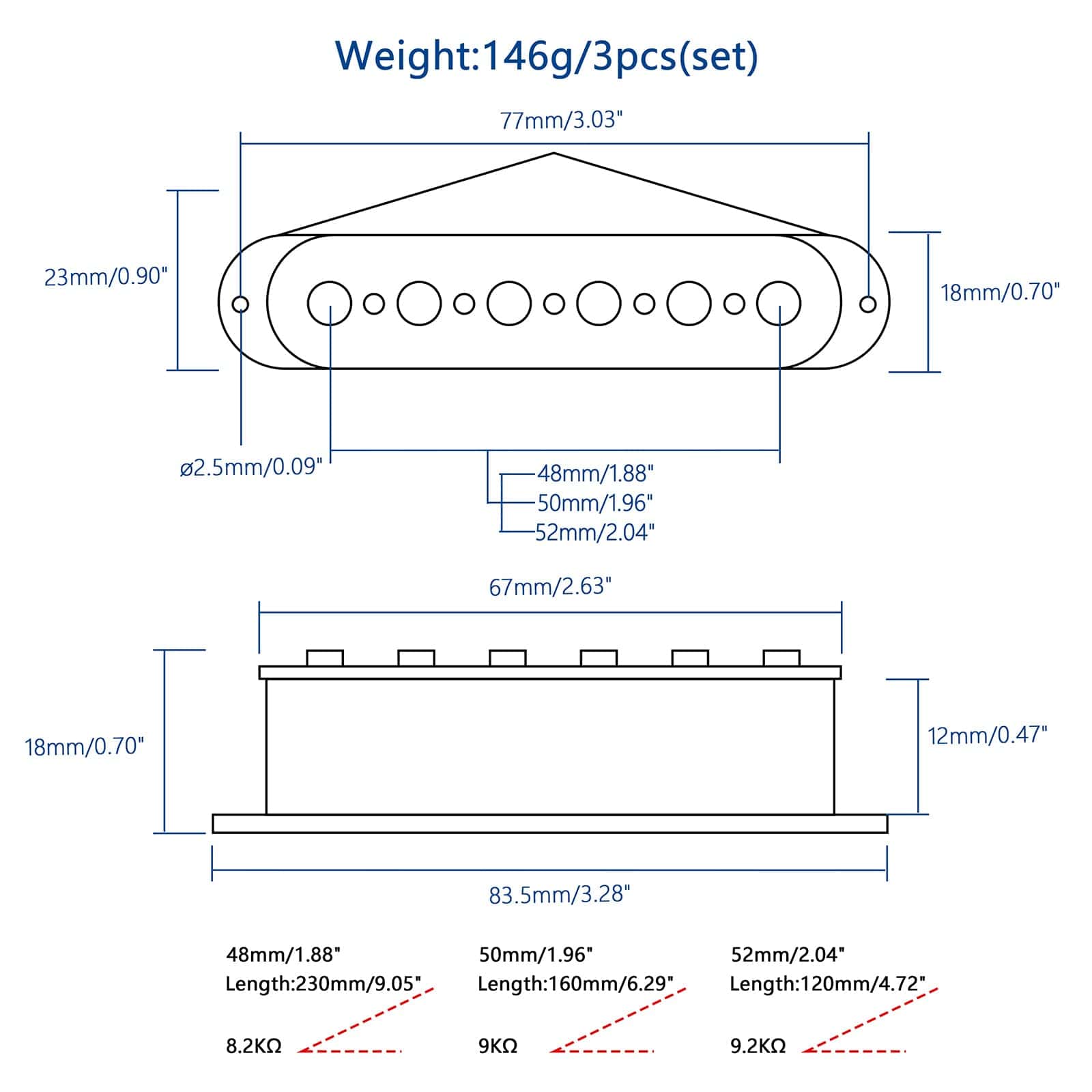 Unxuey 3pcs Guitar Single Coil Pickup Set 48/50/52mm Neck - Imagen 4