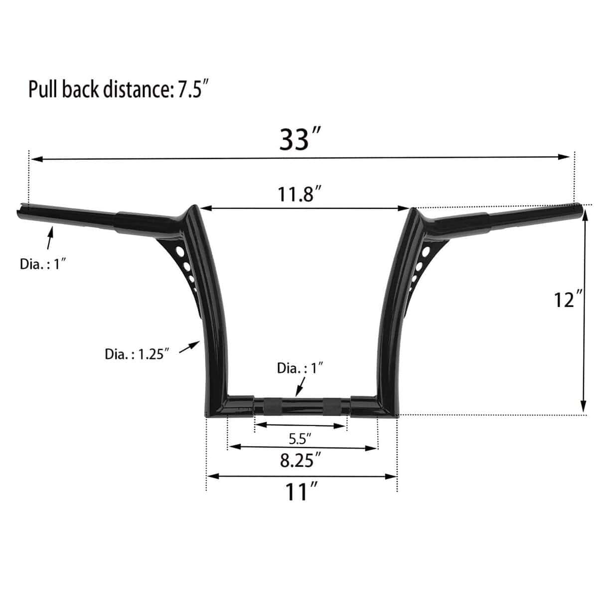 Manillar Ape Hanger Gloss Black de 12" de elevación 1.25" - Imagen 8