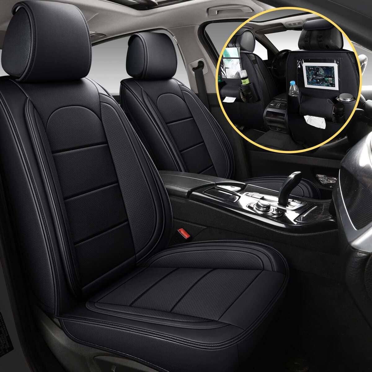 Fundas de asiento de coche de cuero AOOG con organizador de