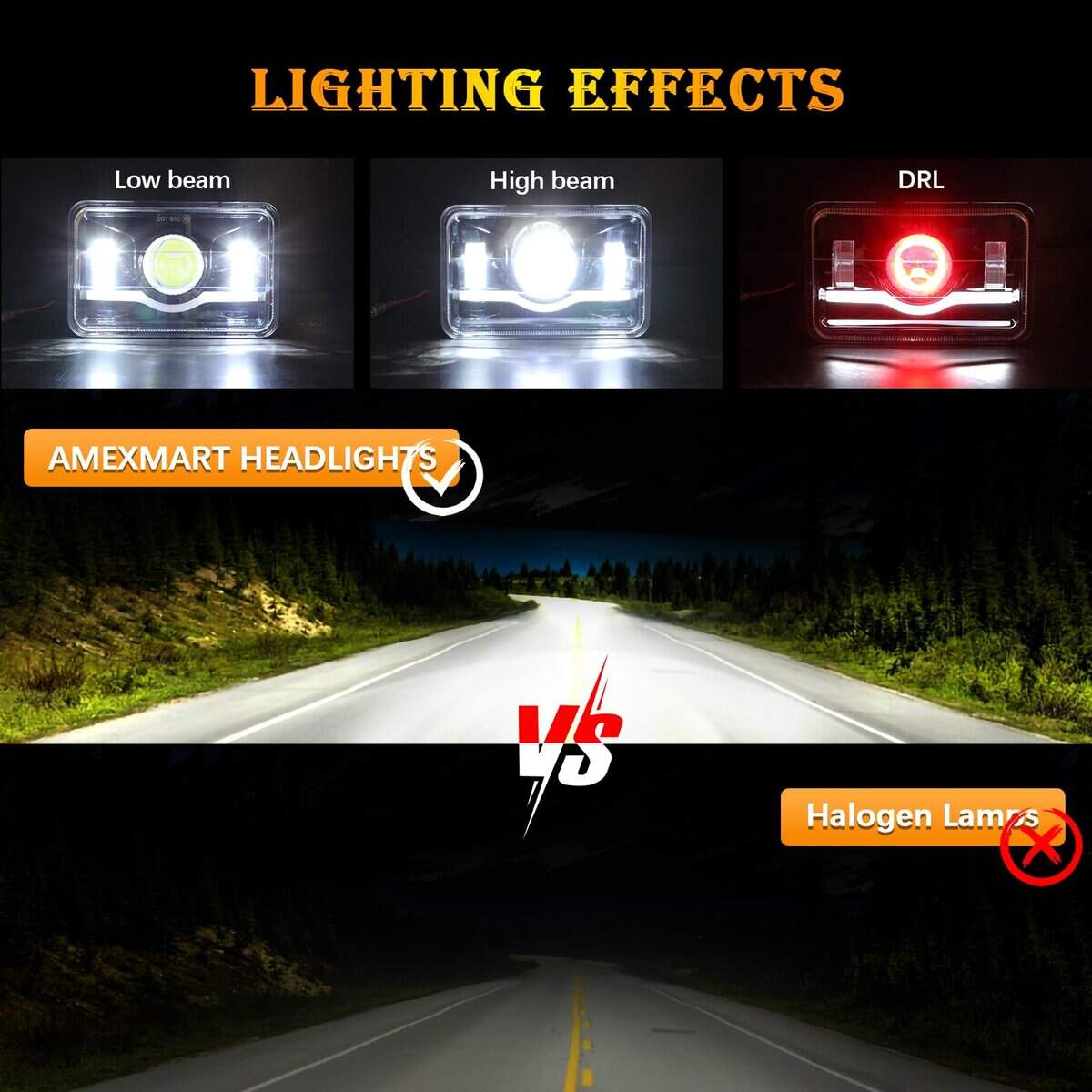 AMEXMART Faros LED 4x6 con Ojo del Diablo Rojo Rectangular - Imagen 5