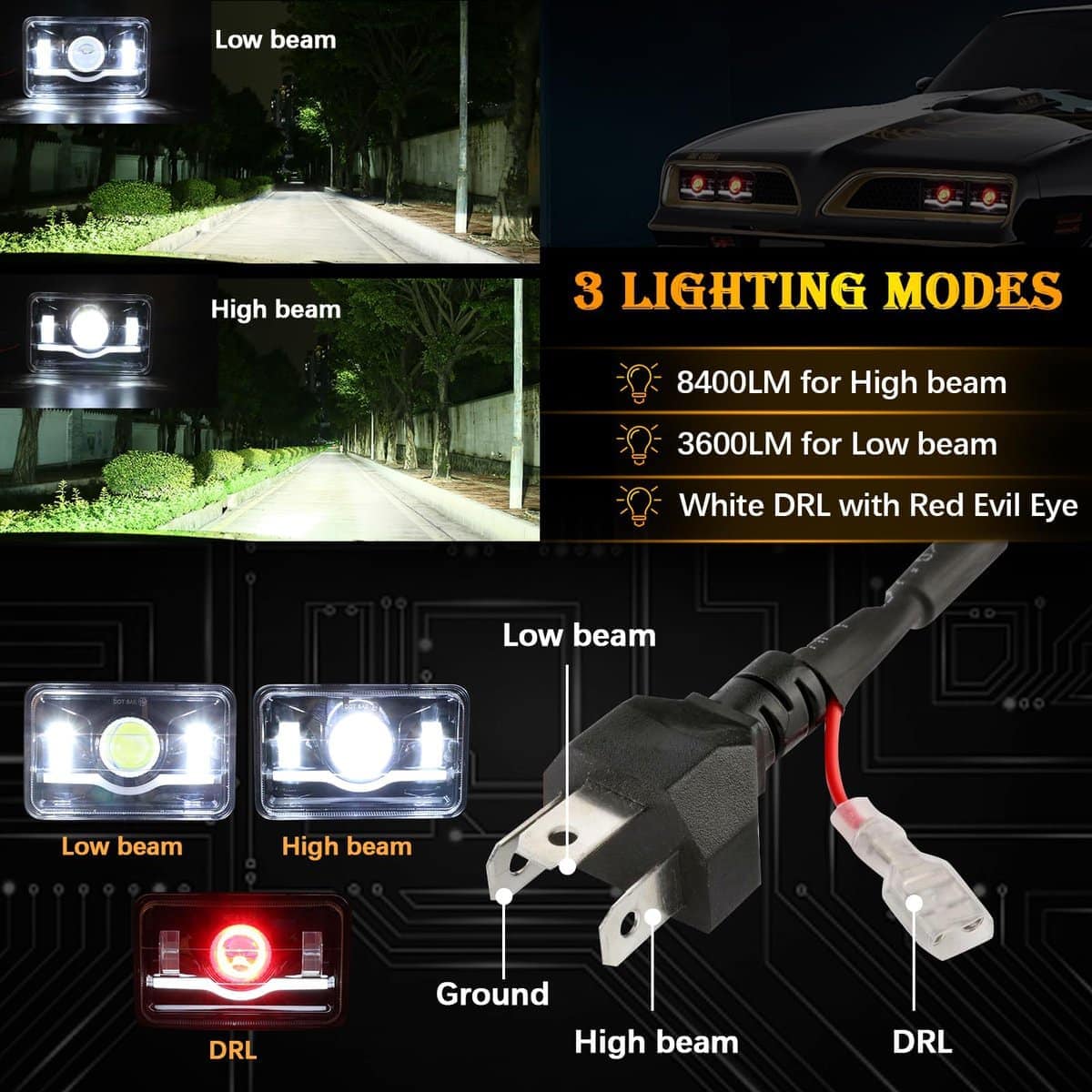 AMEXMART Faros LED 4x6 con Ojo del Diablo Rojo Rectangular - Imagen 4