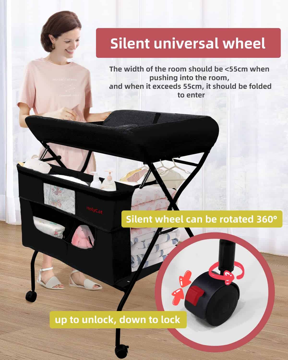 Mesa para Cambiar Pañales de Bebé Portátil con Ruedas, - Imagen 5