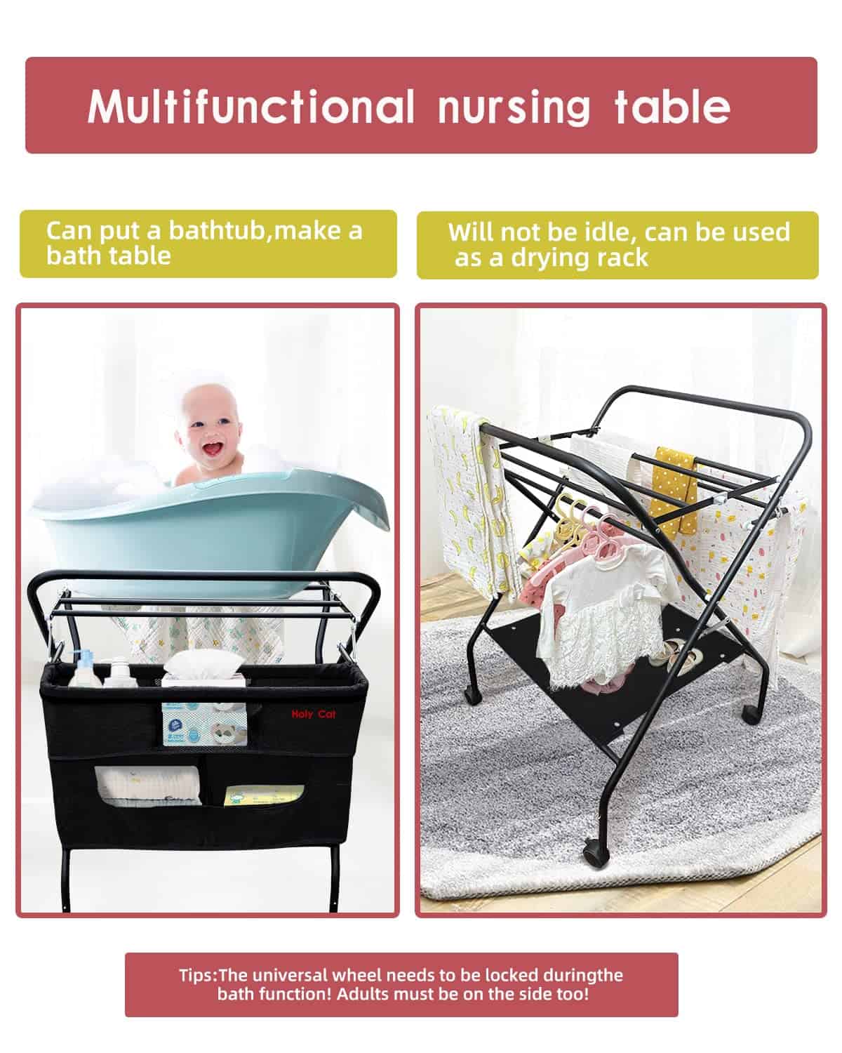 Mesa para Cambiar Pañales de Bebé Portátil con Ruedas, - Imagen 6