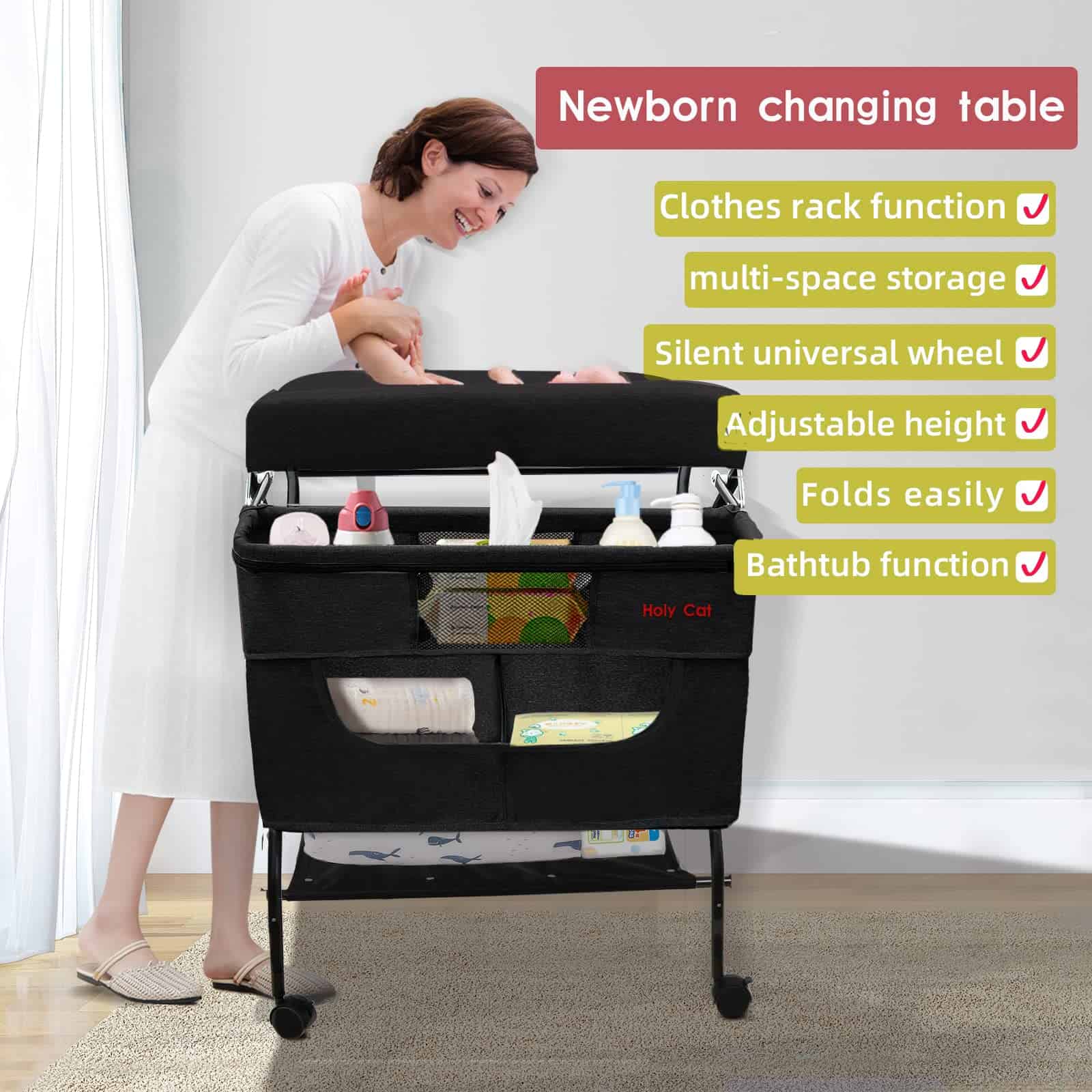 Mesa para Cambiar Pañales de Bebé Portátil con Ruedas, - Imagen 7