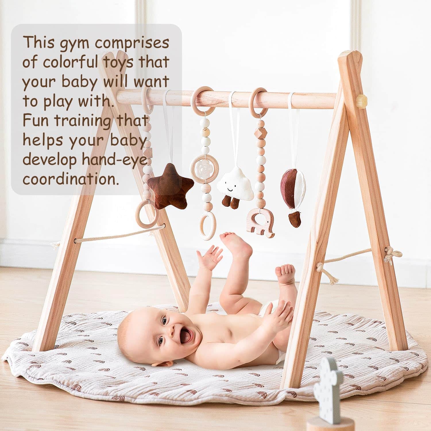 Gimnasio de Juegos para Bebés de Madera con Alfombra, - Imagen 6