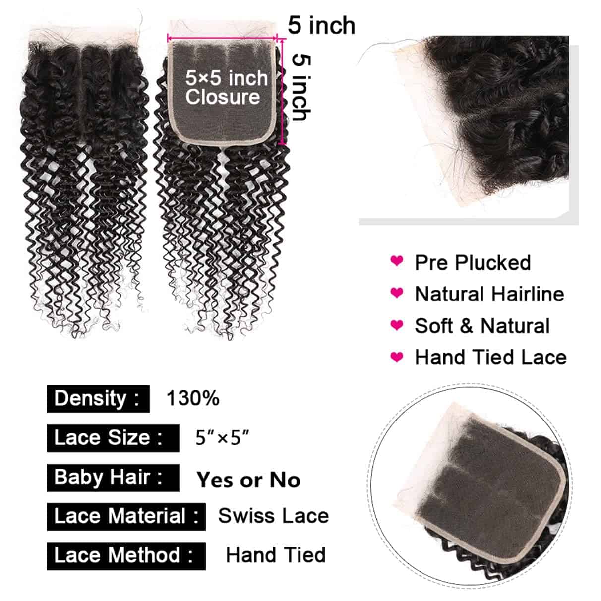 Cierre Rizado Brasileño 5x5 de Encaje 100% Cabello Virgen - Imagen 6