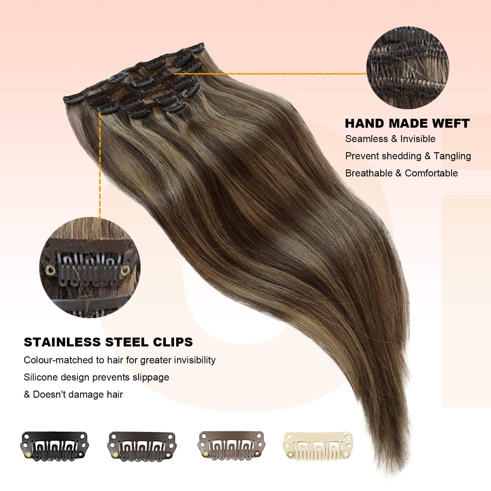 OiMiGO Extensiones de Cabello Clip Remy, Rubio Caramelo con - Imagen 5