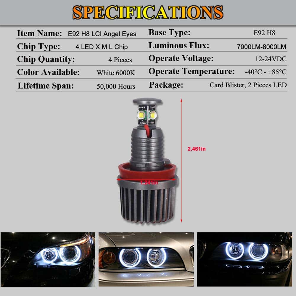 Eluseastar H8 E92 Luces de Halo LED Angel Eyes Luz Blanca - Imagen 4