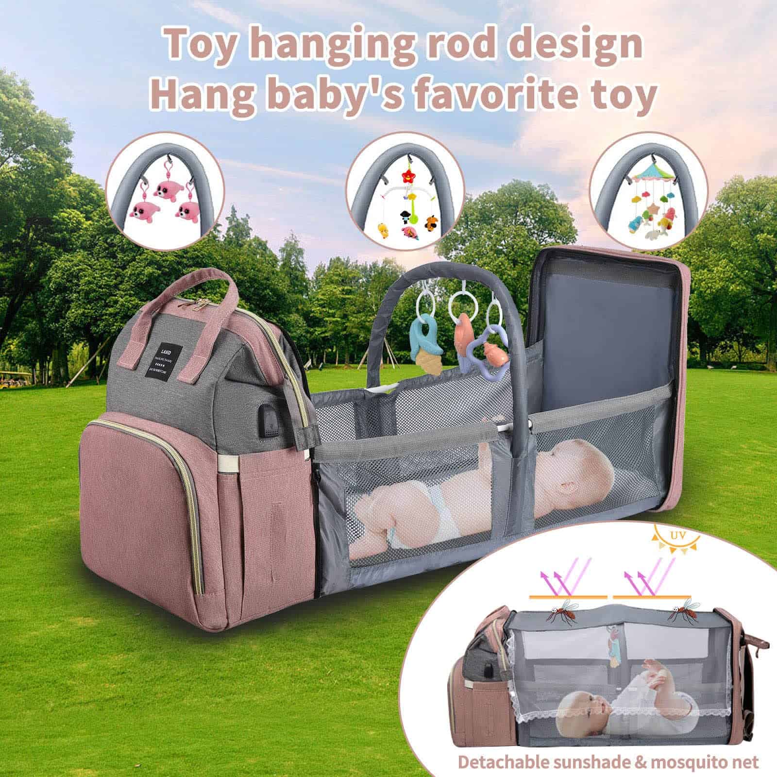 Mochila de pañales ANWTOTU con estación de -Rosa y gris sin - Imagen 3