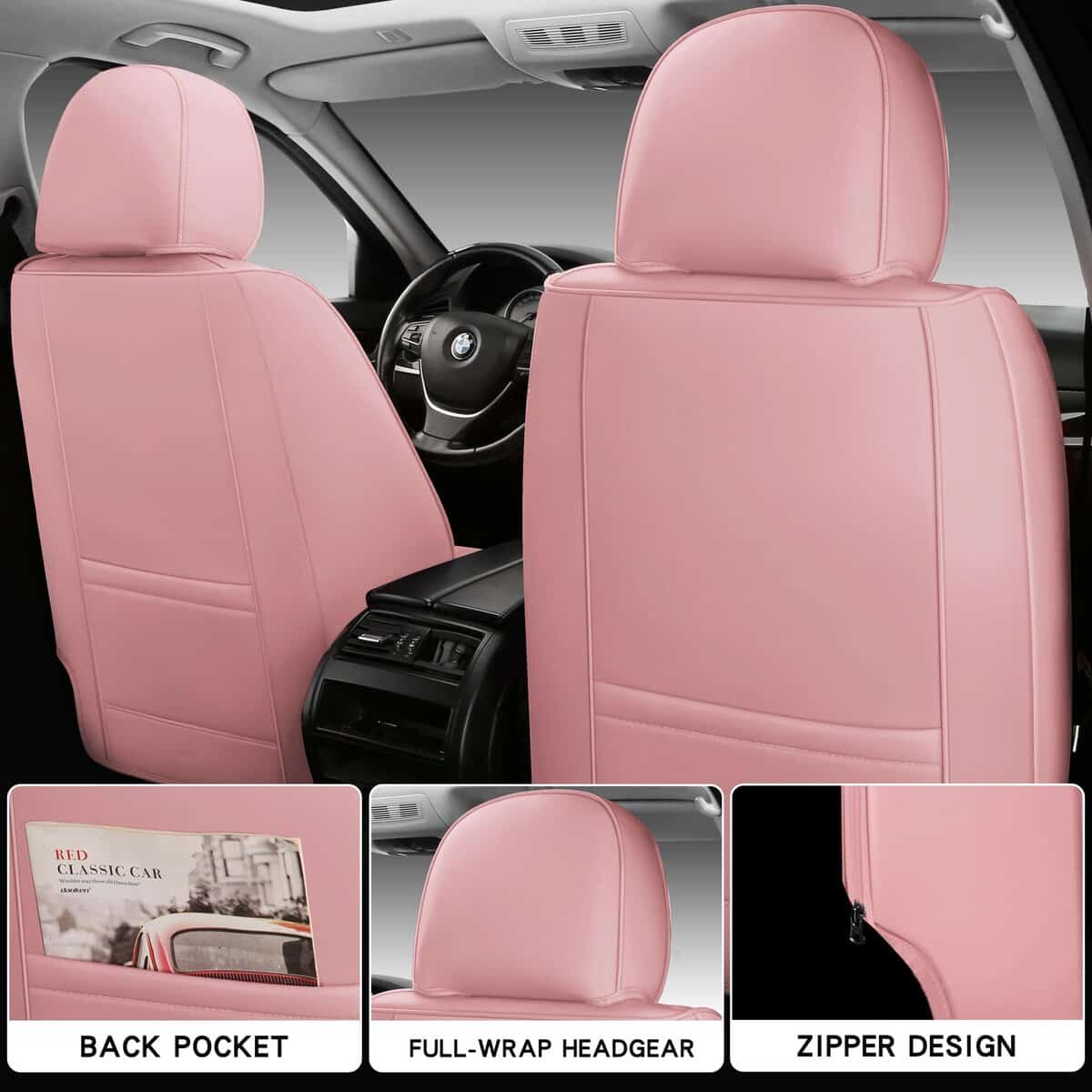 Fundas de Asiento de Cuero de Lujo NUNIVAK en Rosa, Juego - Imagen 4