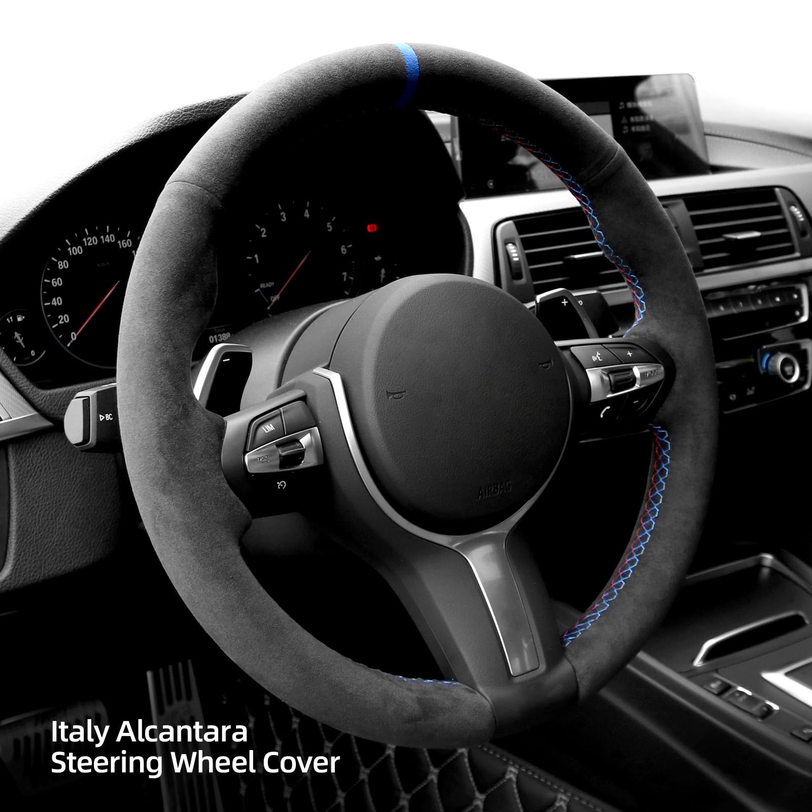 Cubierta de volante de coche de Alcantara cosida a mano - Imagen 3