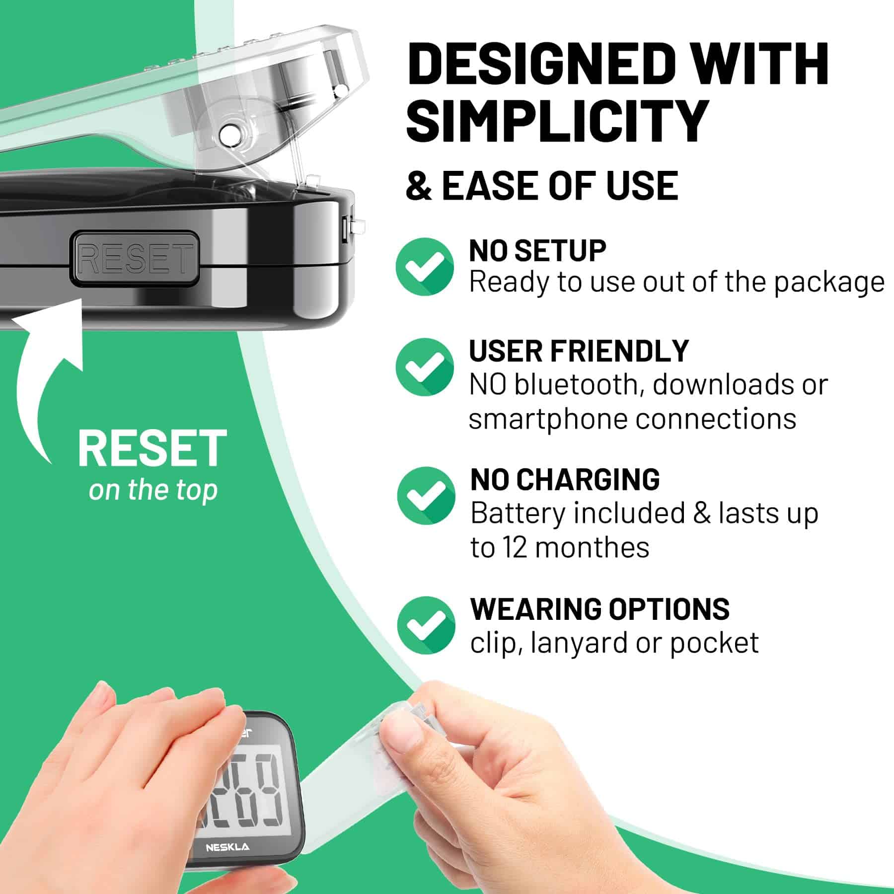 NESKLA Podómetro 3D para Caminar, Contador de -Negro - Imagen 4