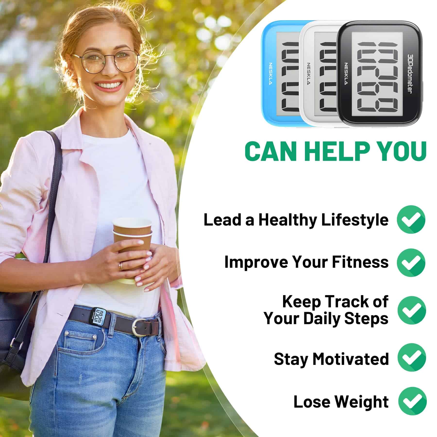 NESKLA Podómetro 3D para Caminar, Contador de -Negro - Imagen 5