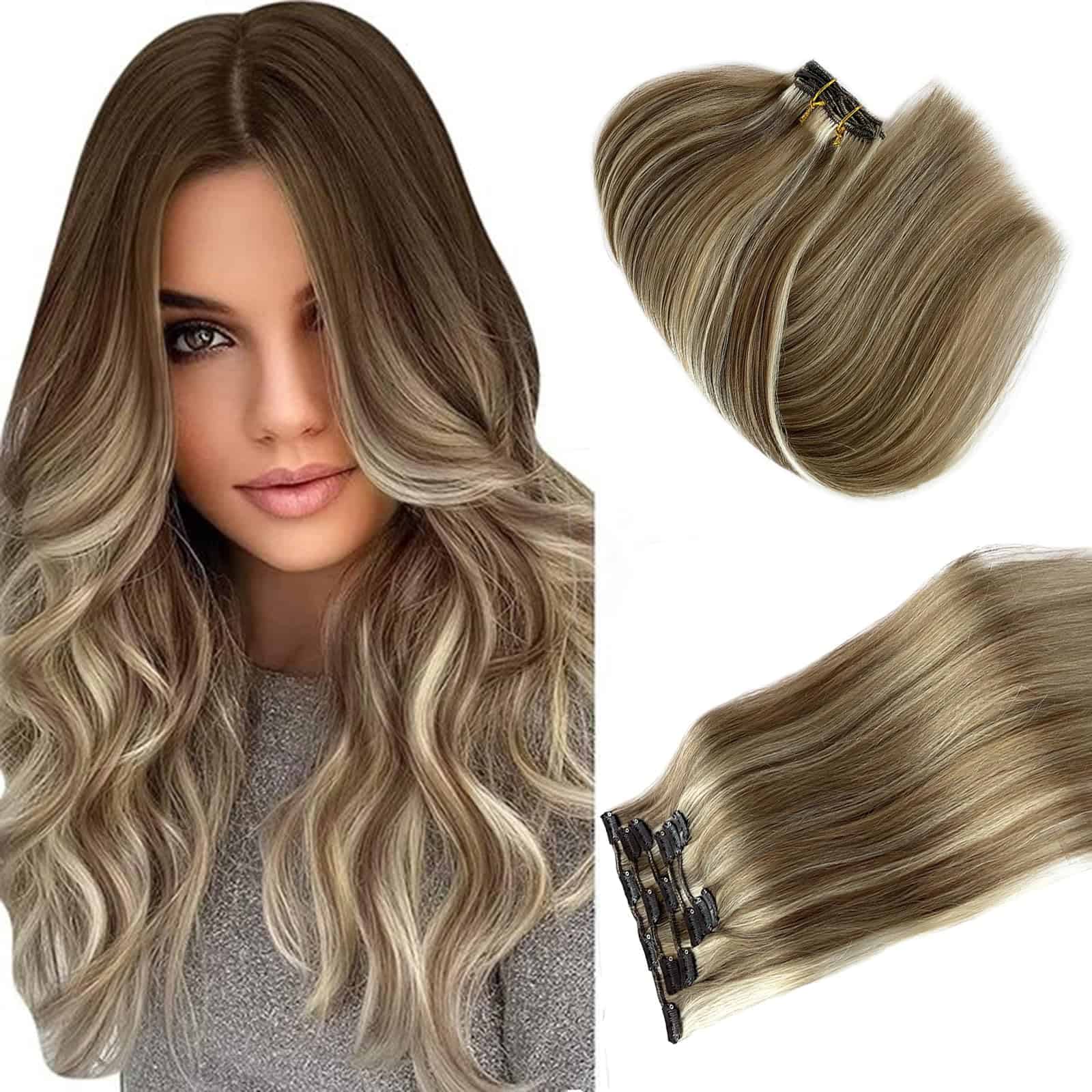 Extensiones de cabello humano real clip en Balayage Rubia