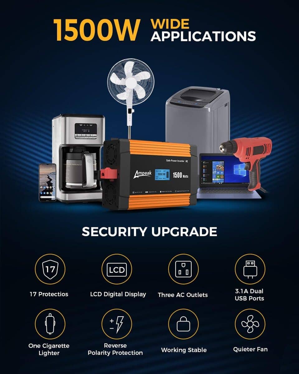 Inversor de Corriente Ampeak 1500W 6.2A Doble Puertos USB 3 - Imagen 4