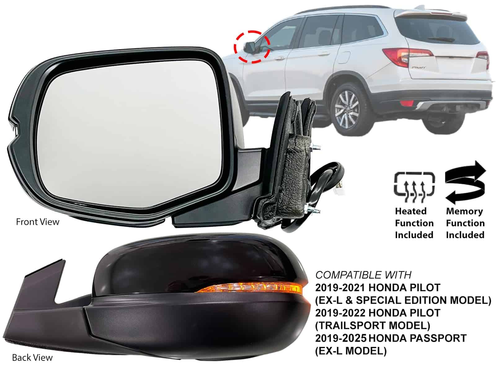 Espejo retrovisor exterior de repuesto para Honda Pilot - Imagen 3