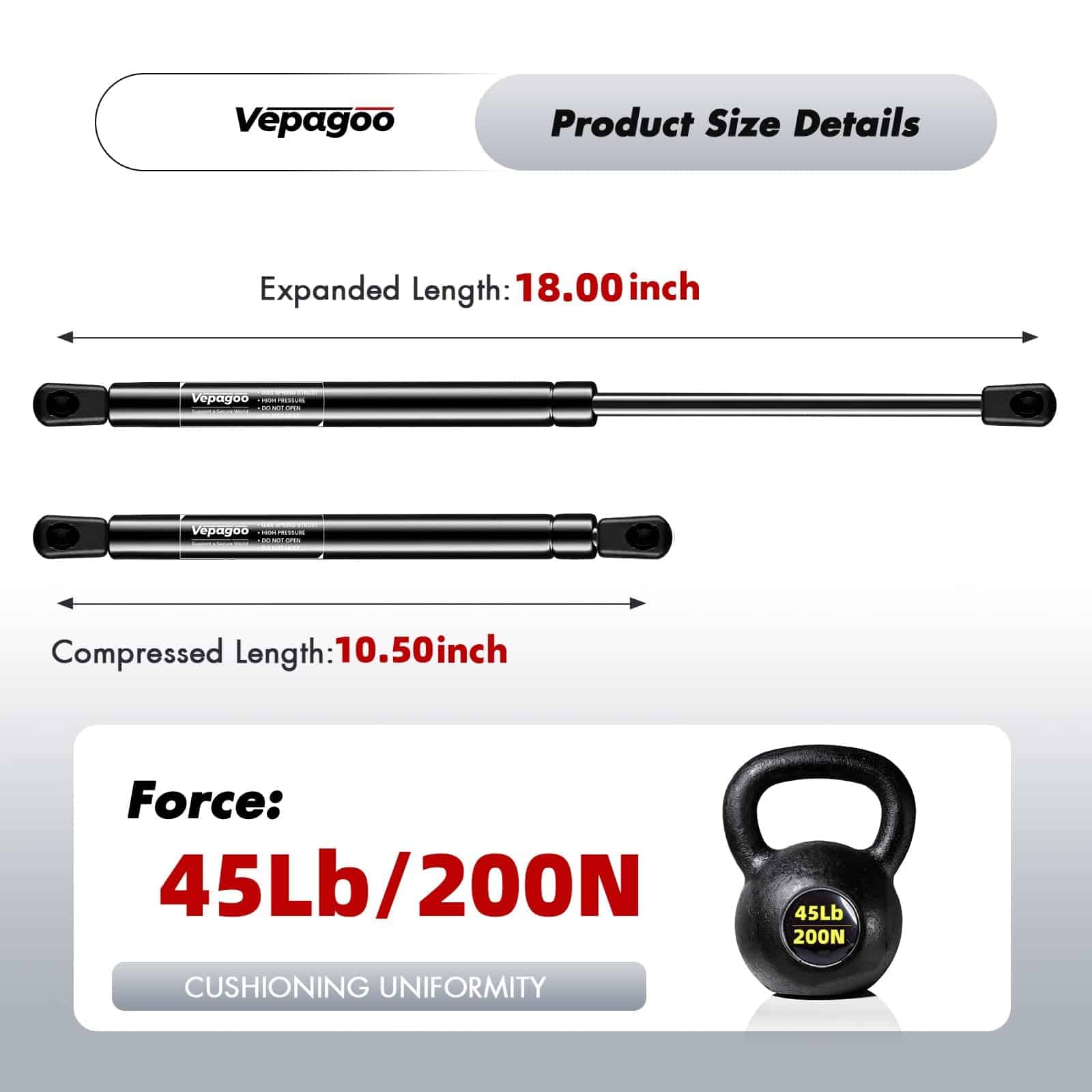Vepagoo SE180P45 18 pulgadas 45 lb / 200N Gas Strut Shock - Imagen 4