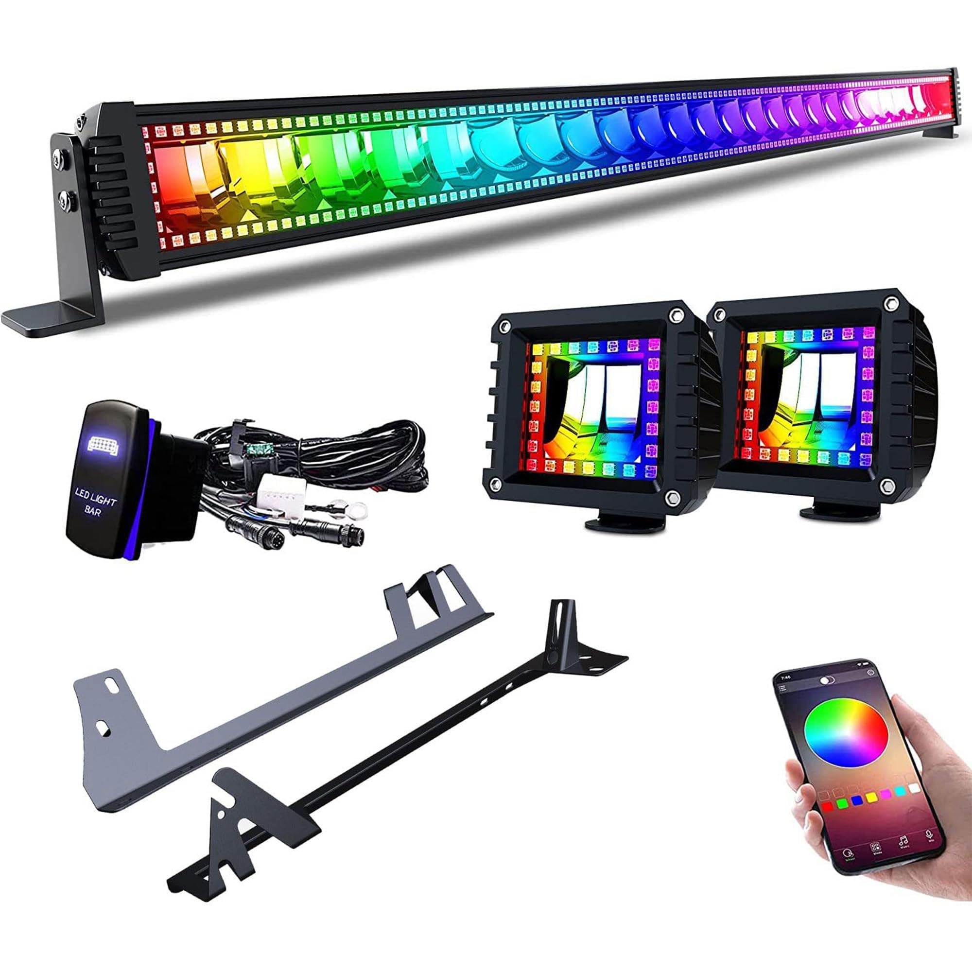 Barra de luz LED RGB 52'' pulgadas + 2PCS 4 Pulgadas Focos