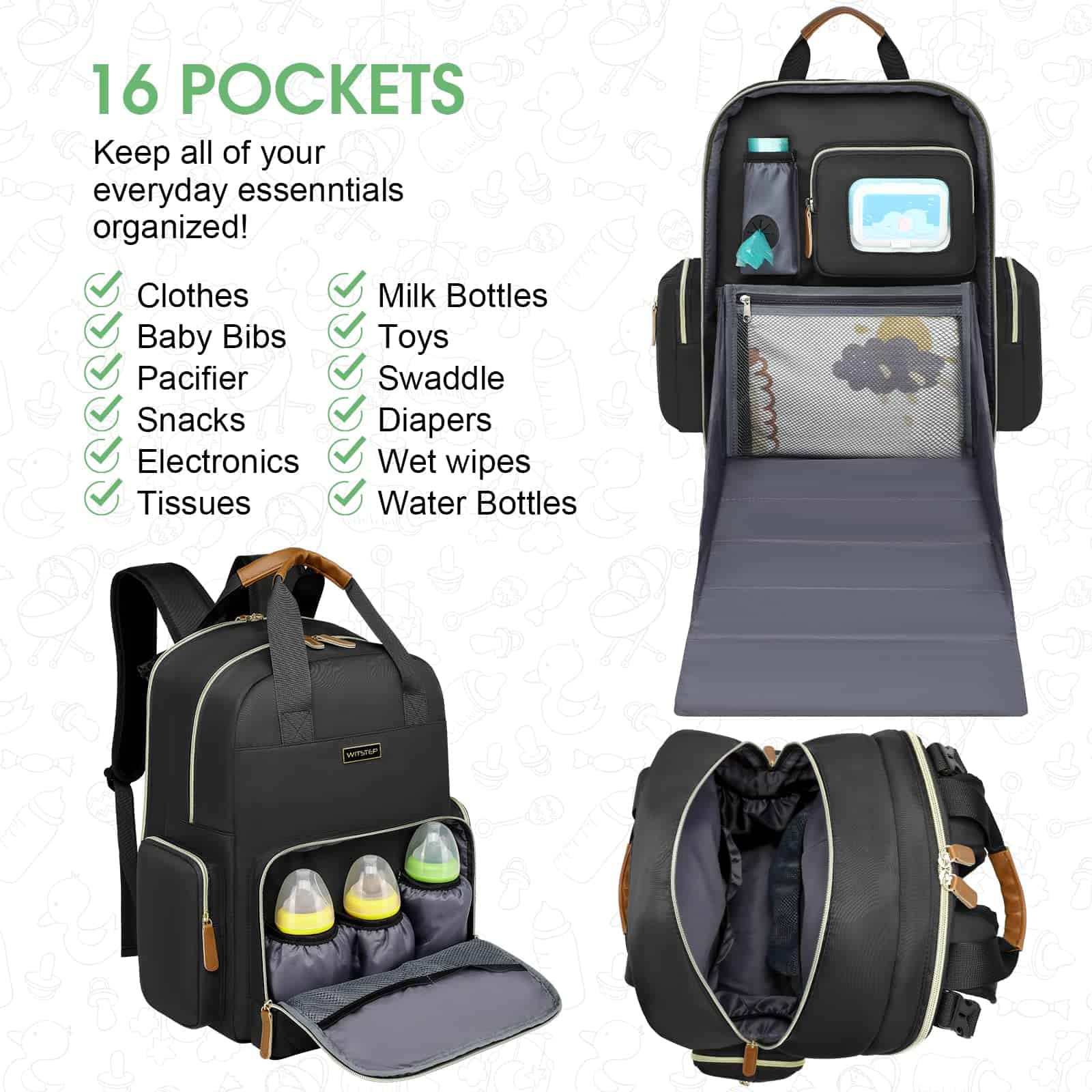Mochila para pañales y portátil WITSTEP, Negro, Unisex - Imagen 4