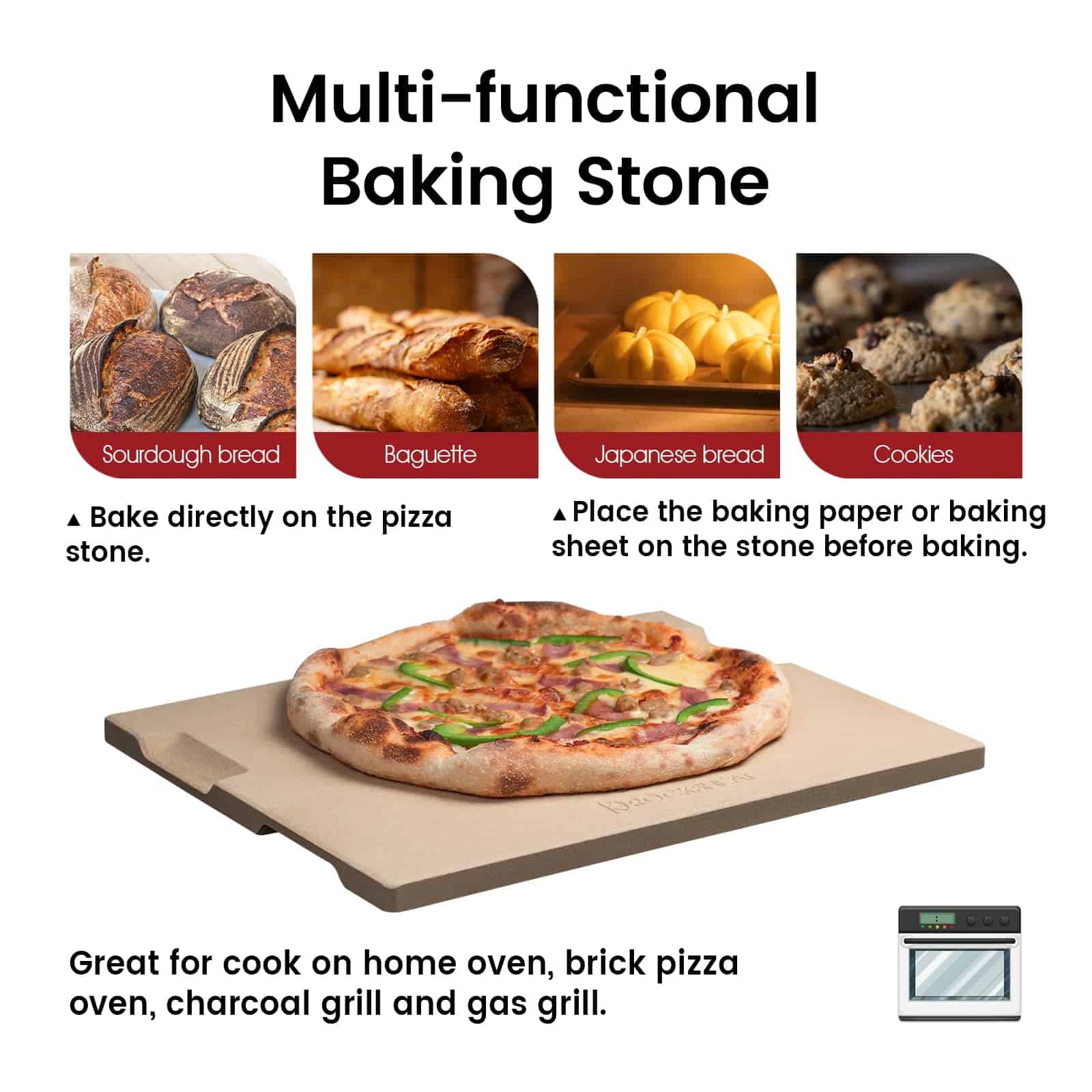 ROCKSHEAT Piedra para Pizza Grande, 20"x13.5" Piedra - Imagen 4