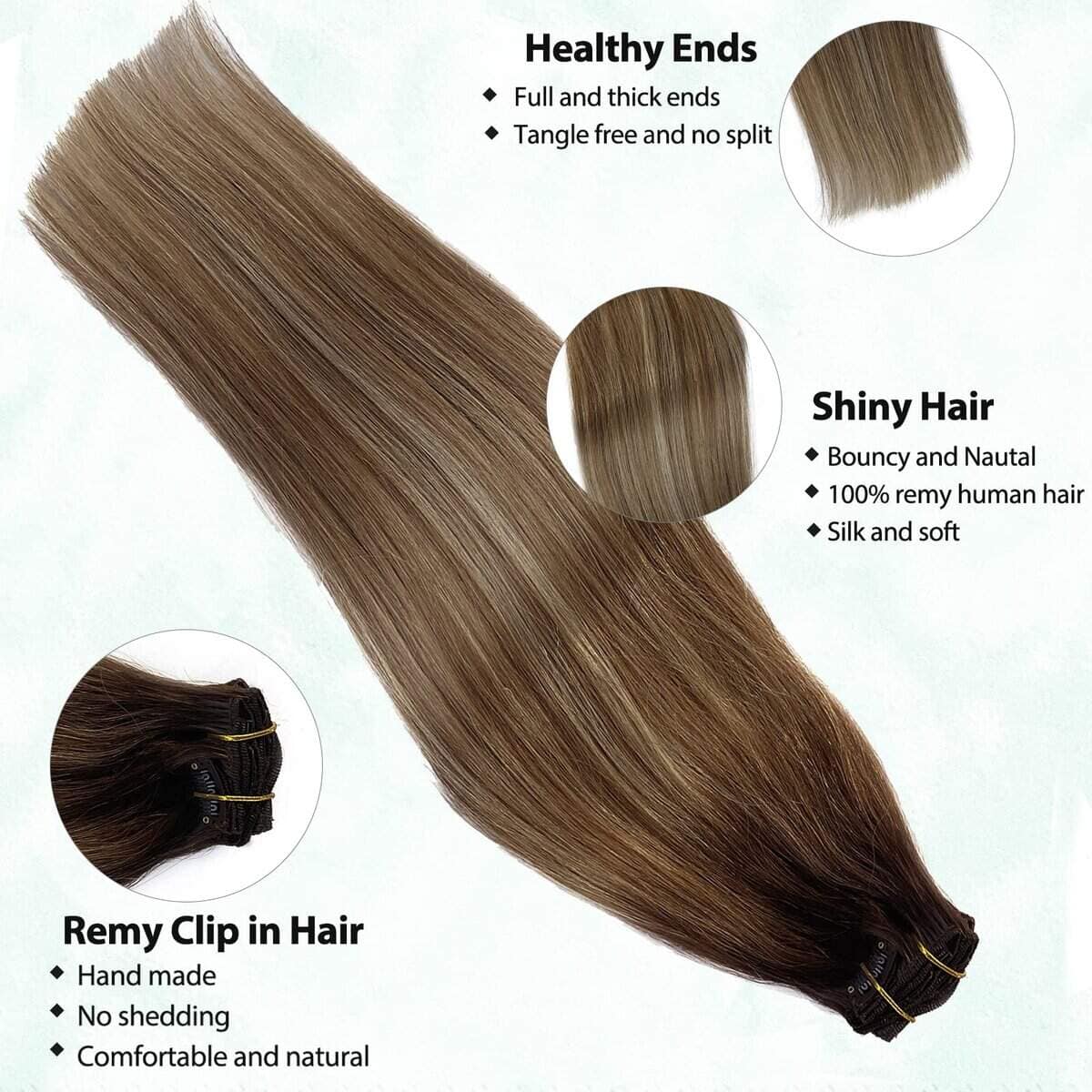 Extensiones de Cabello Humano Clip en Balayage Marrón a - Imagen 3