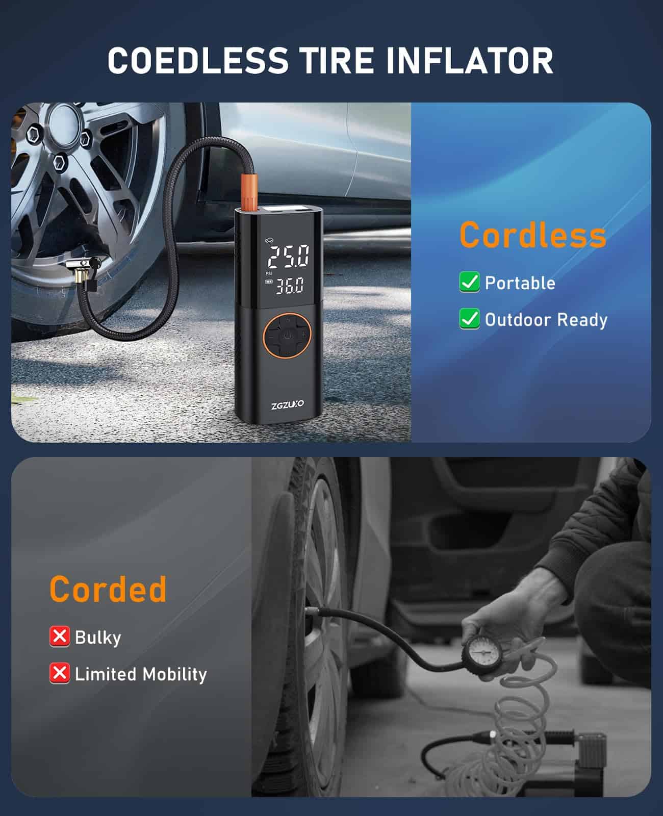 Inflador de neumáticos ZGZUXO Compresor de aire portátil - - Imagen 8