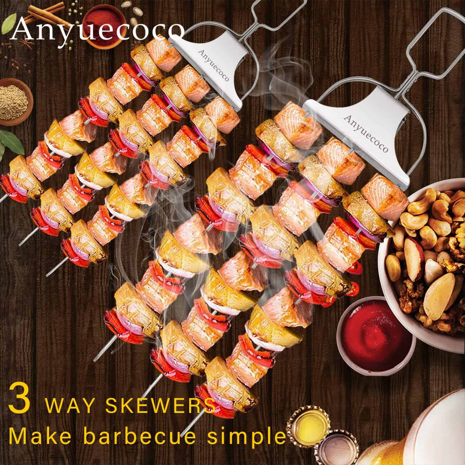 Anyuecoco Skewers for kabobs,2 PCS 14-Inch 3 Way Kabob - Imagen 3