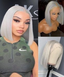 Peluca de Cabello Humano Gris Lace Front Bob Peluca