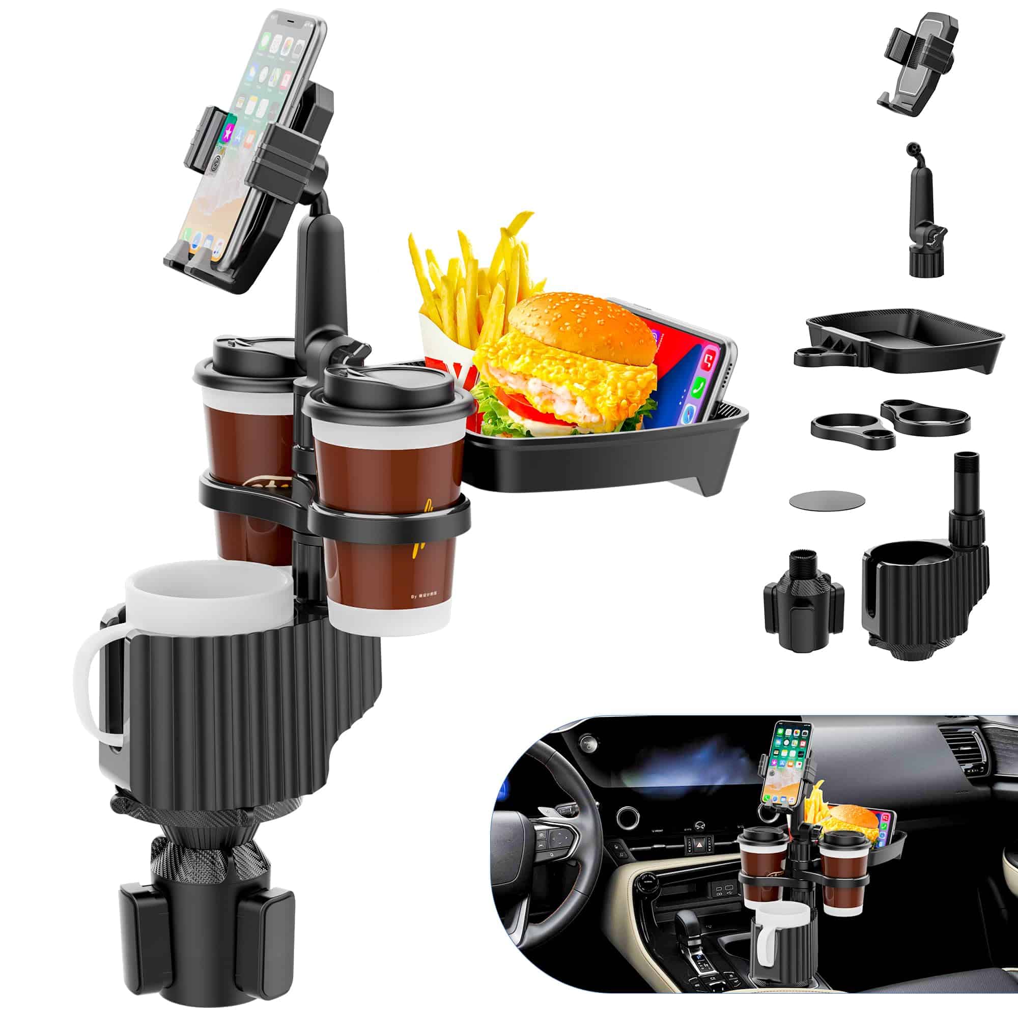 Portavasos de coche mejorado 6 en 1 de 2024 - con mesa de