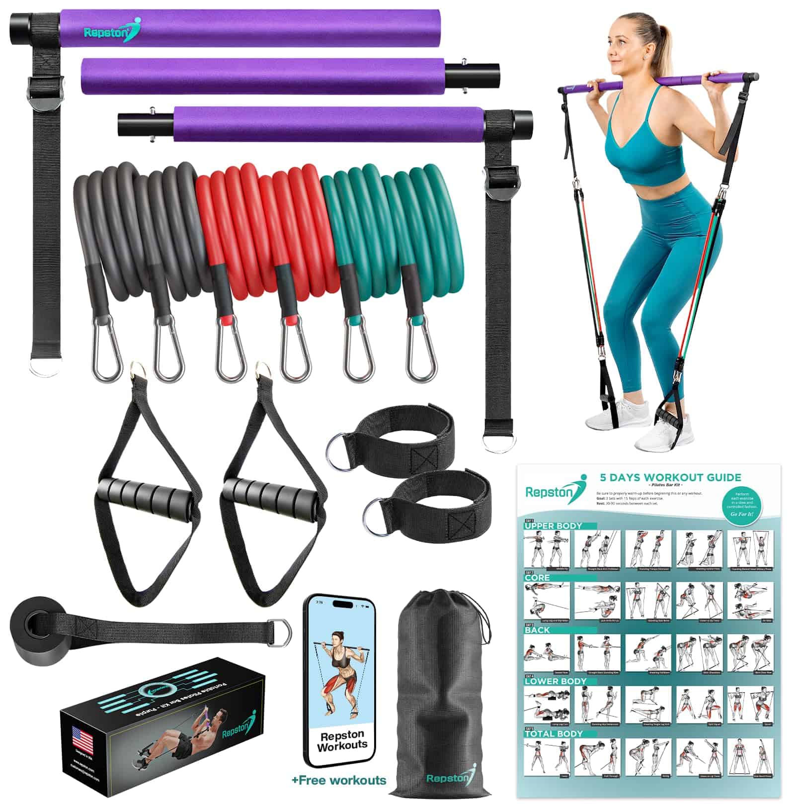 Kit de Barra de Pilates Repston con Bandas de -Purple