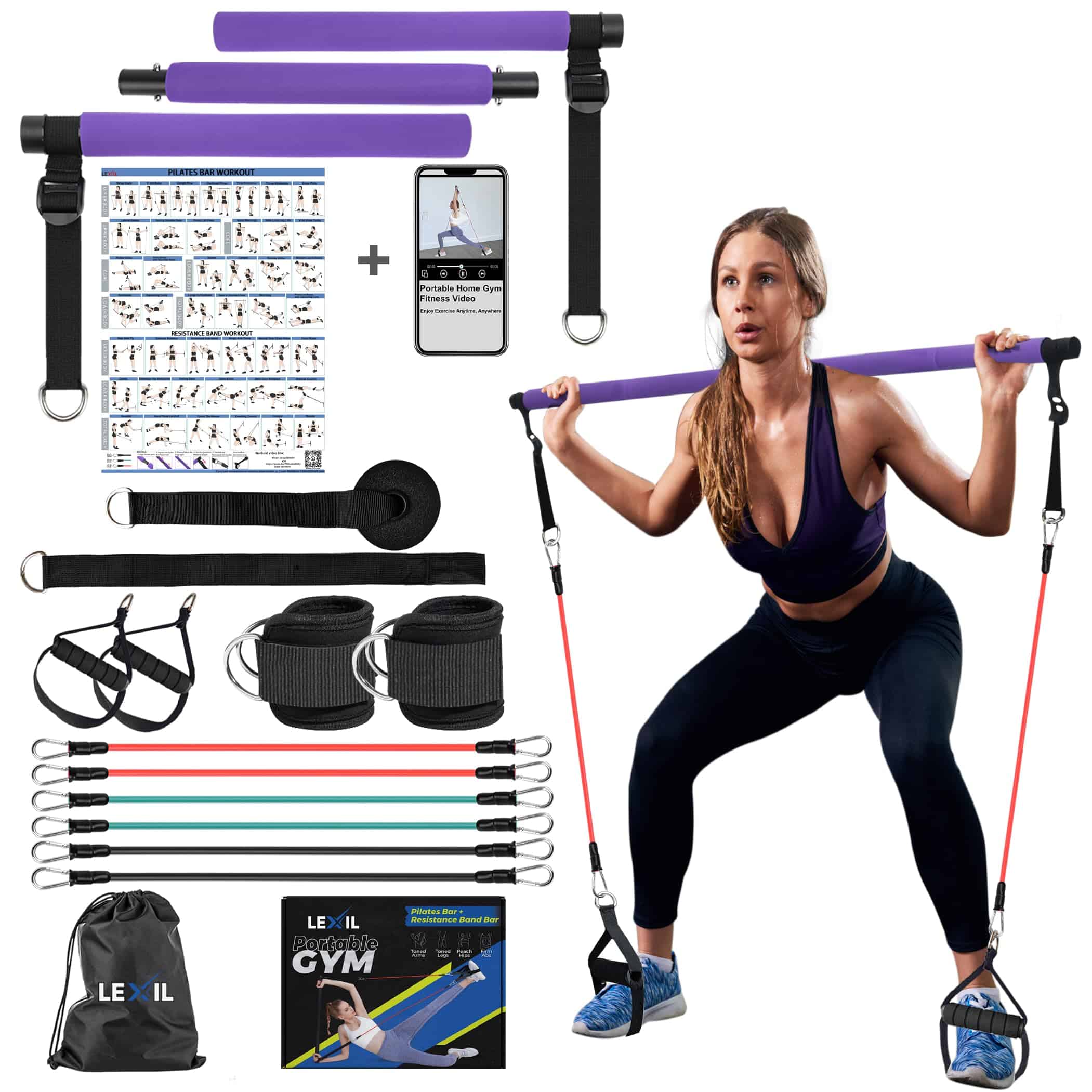 Kit de Barra de Pilates con Bandas de -Multifuncional (Morad