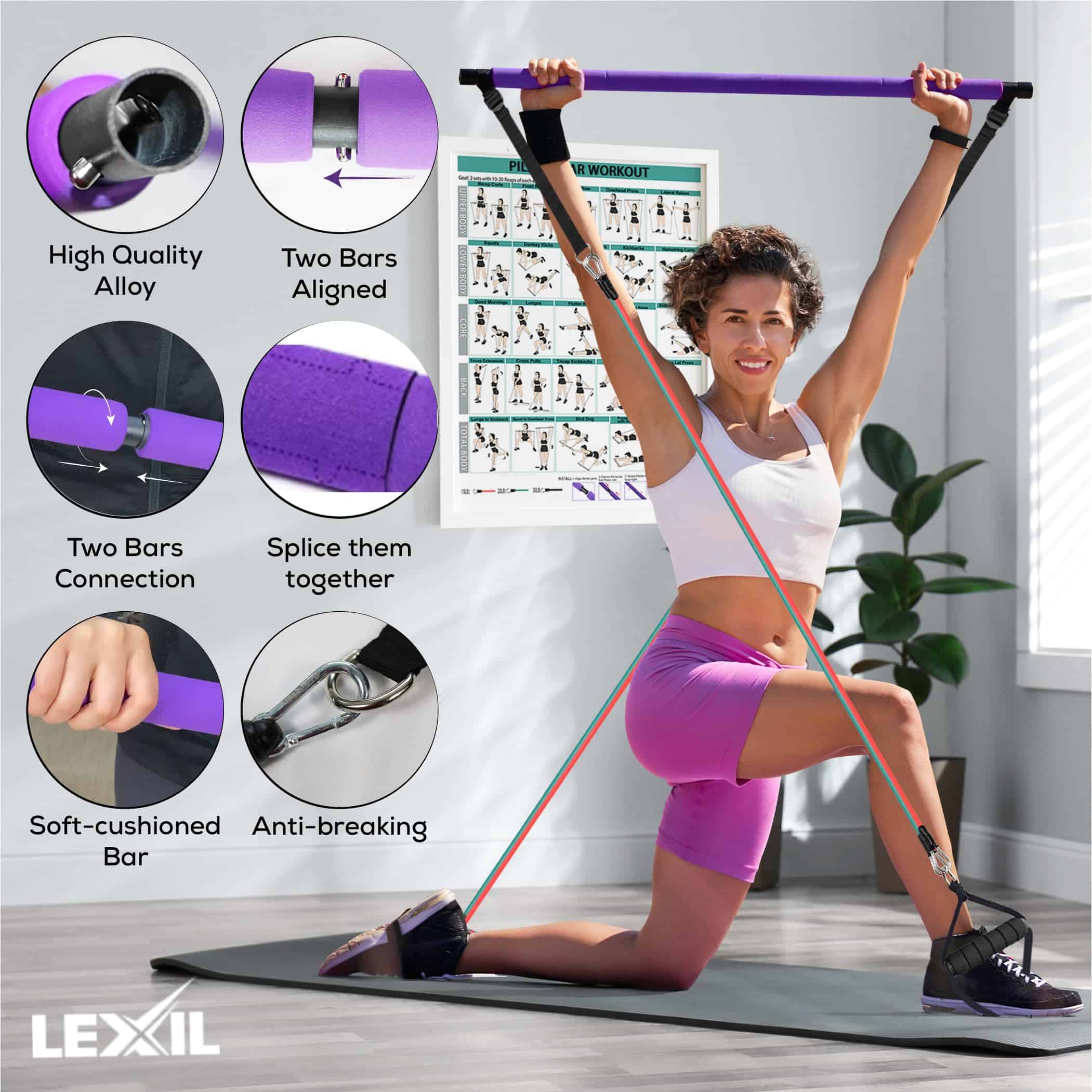 Kit de Barra de Pilates con Bandas de -Multifuncional (Morad - Imagen 5