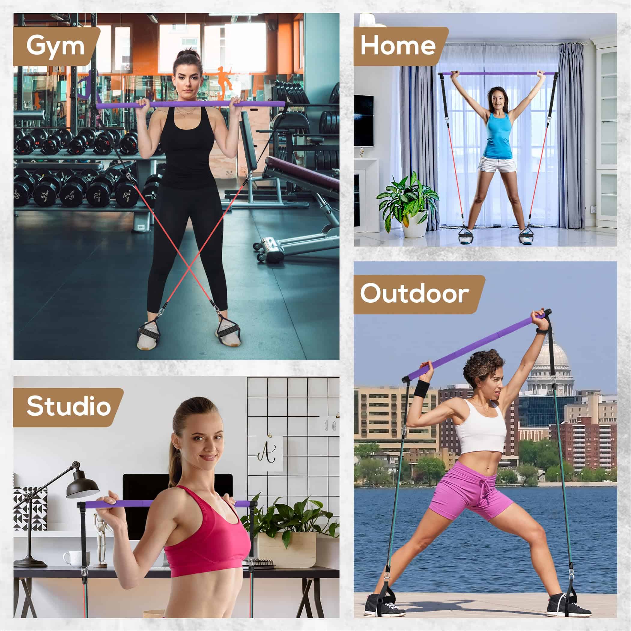 Kit de Barra de Pilates con Bandas de -Multifuncional (Morad - Imagen 7