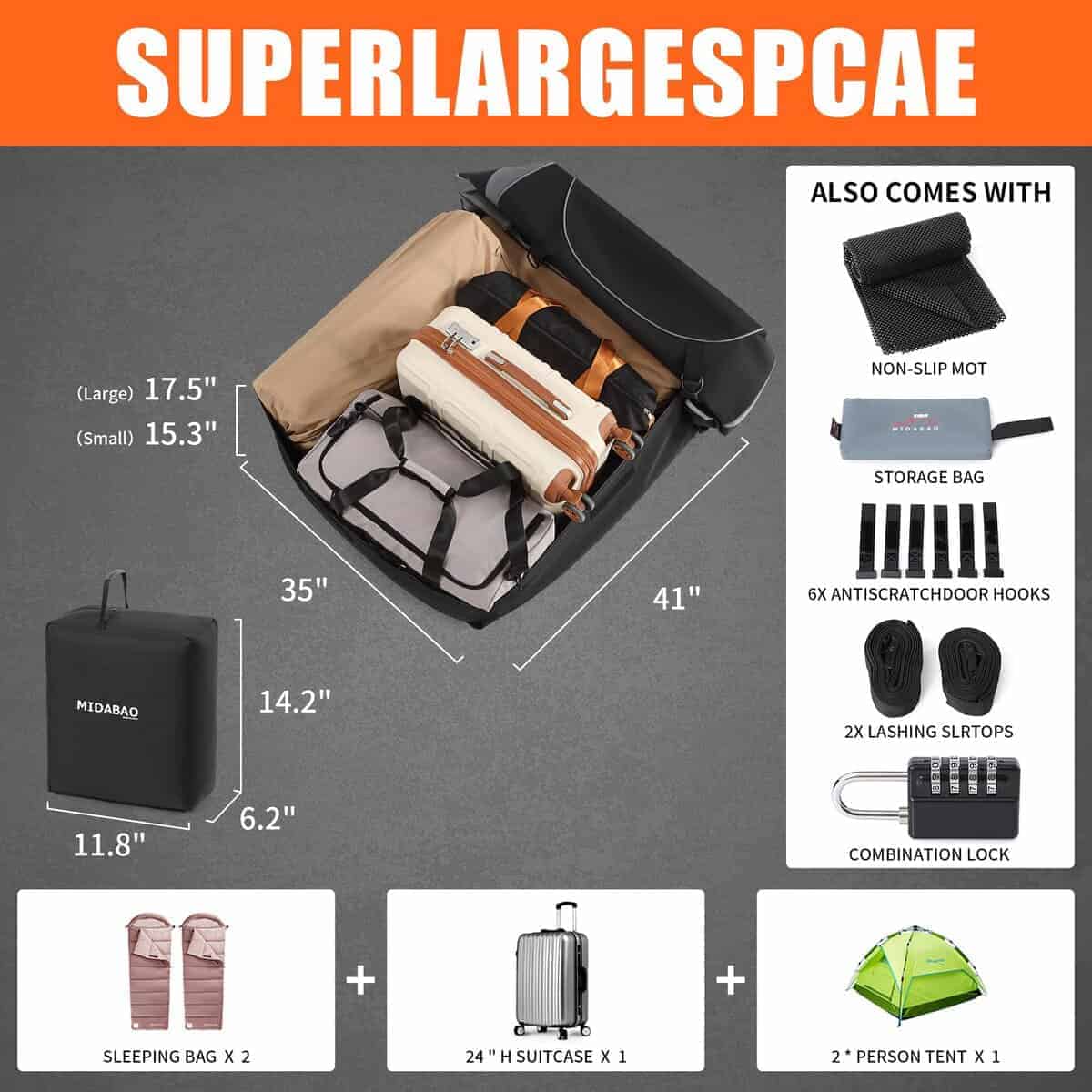 MIDABAO 15 Cubic Waterproof Duty Car Top Carrier - Zippers - Imagen 3