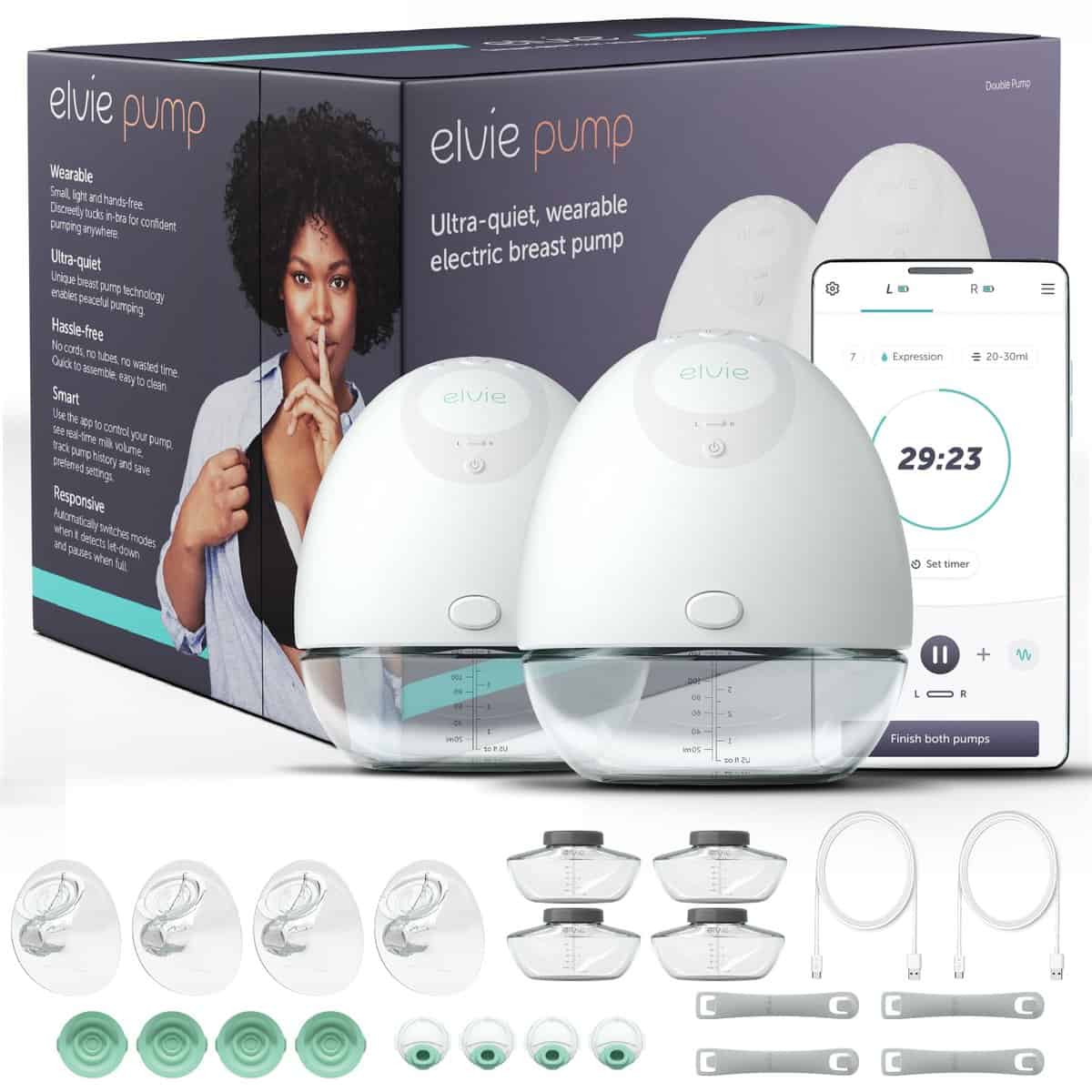 Elvie - Bomba de lactancia doble y portátil con aplicación