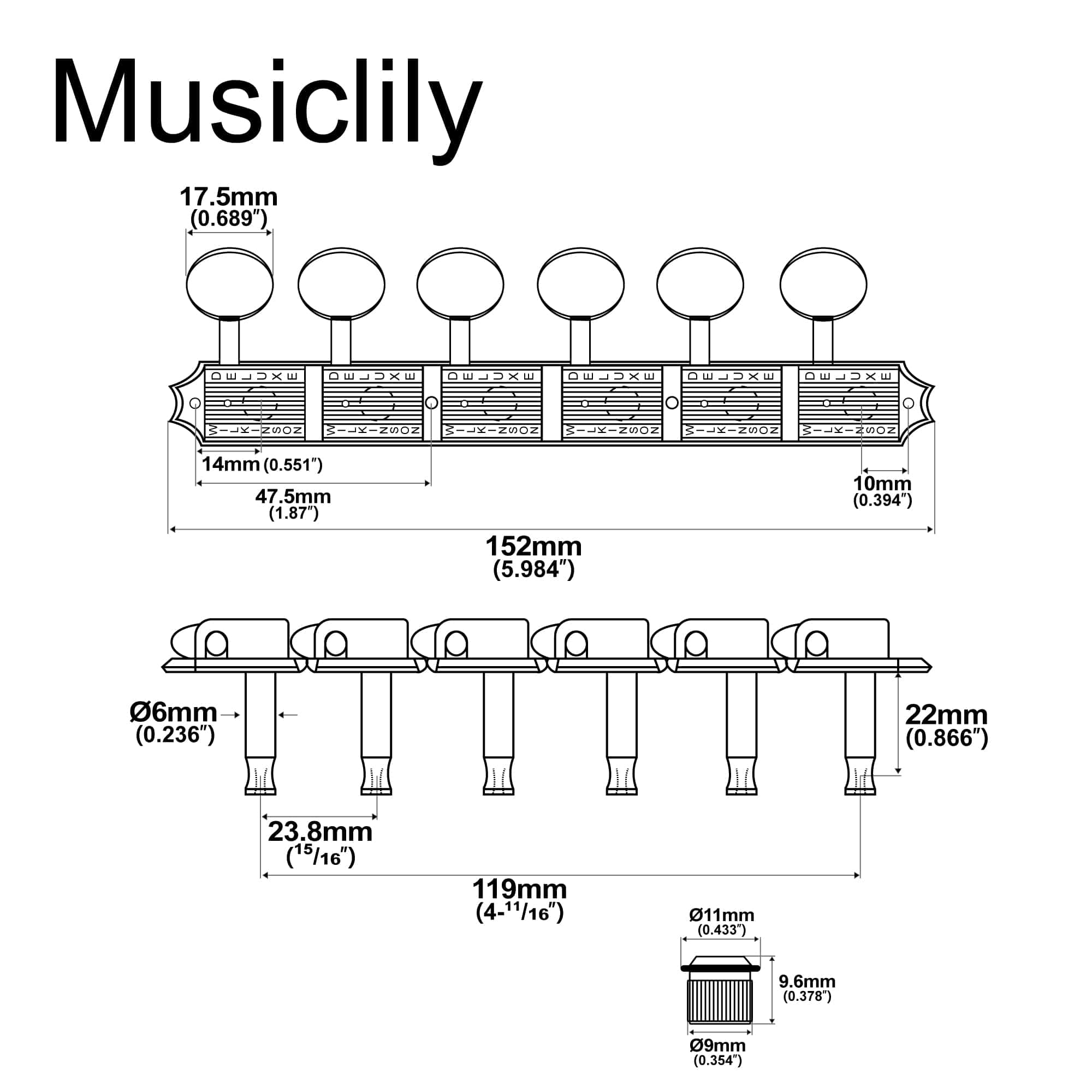 Wilkinson Deluxe 6 Inline Vintage Guitar Tuners Split Shaft - Imagen 3