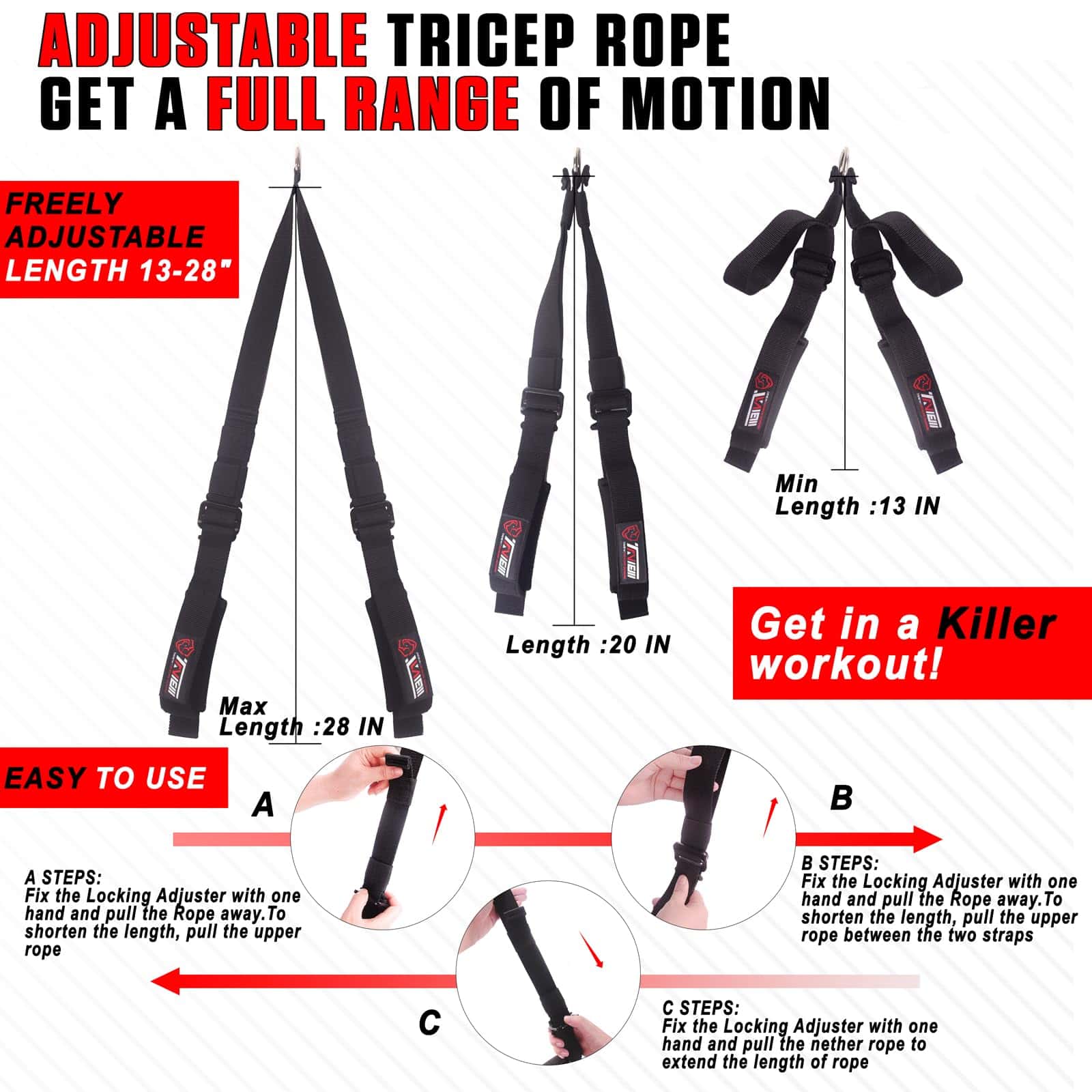 Tricep Rope Cable Attachment Ajustable (26-56 Pulgadas), - Imagen 5